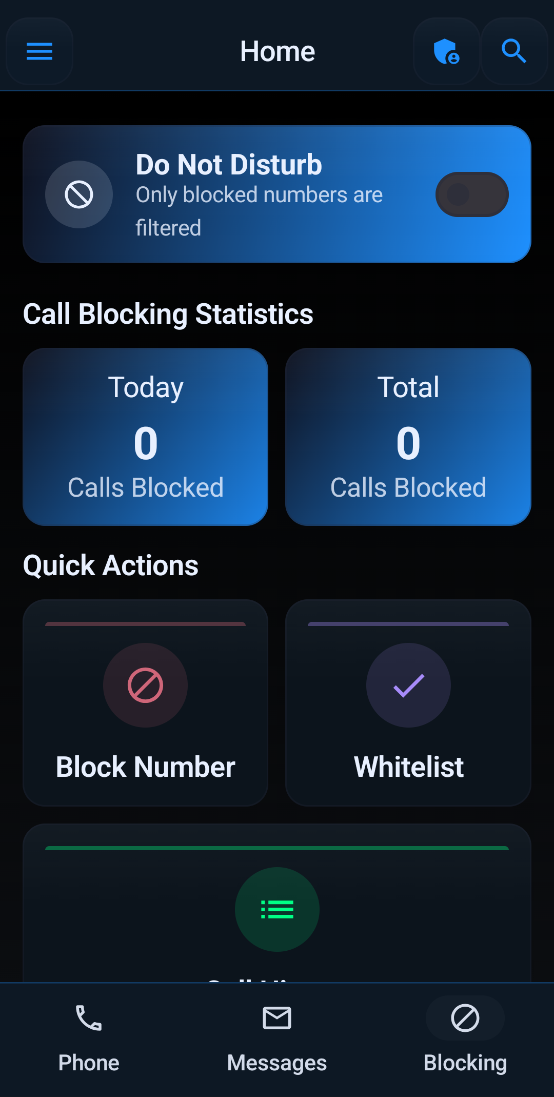 Block Guard: Spam Call Blocker home screen on Android showing blocked call statistics and quick protection actions